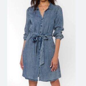 [M]Velvet Heart Dark Denim Balloon Long Sleeve Shirt Dress Belted